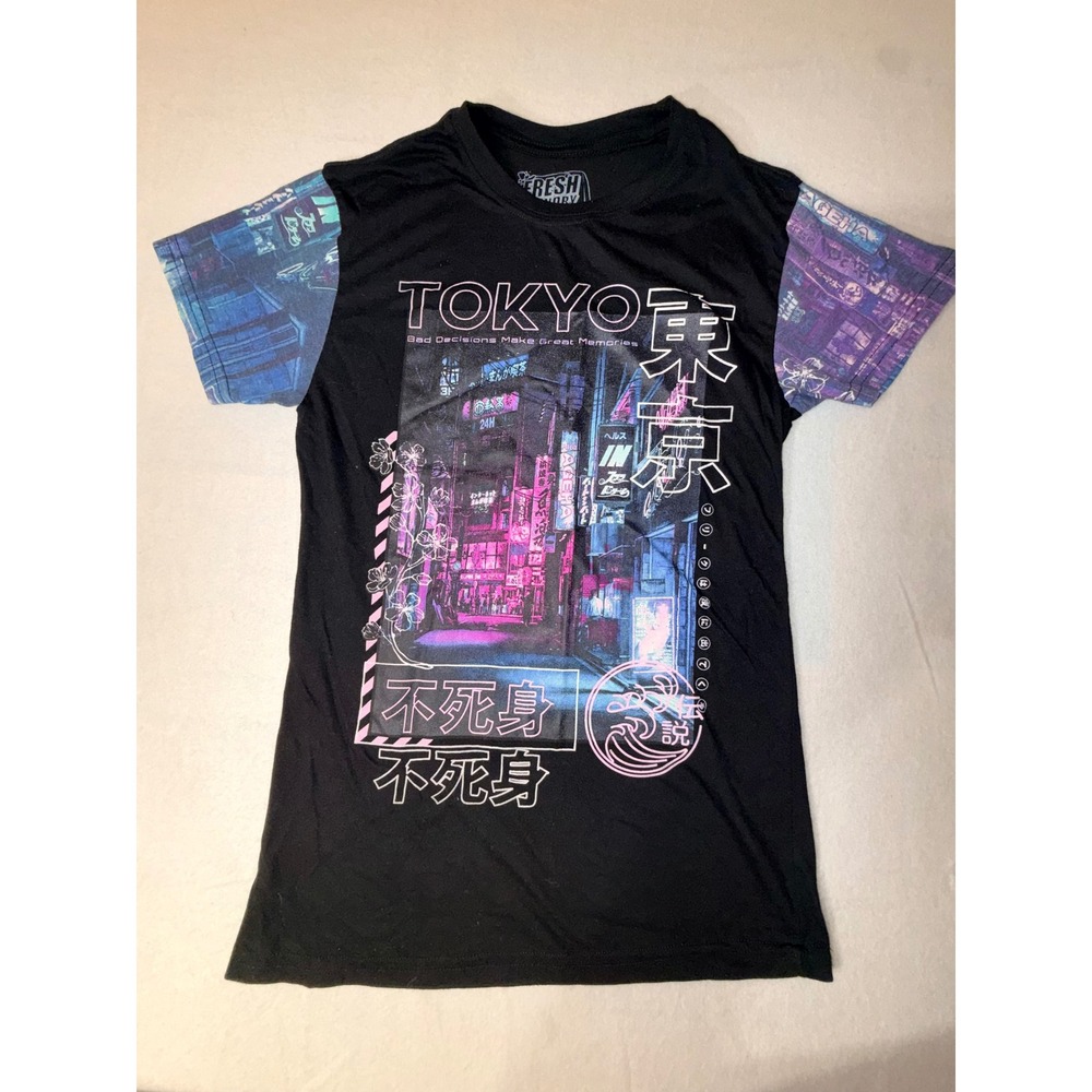 Fresh Laundry Tokyo Graphic Tee Mens Small Black Excellent Neon Synthwave Shirt